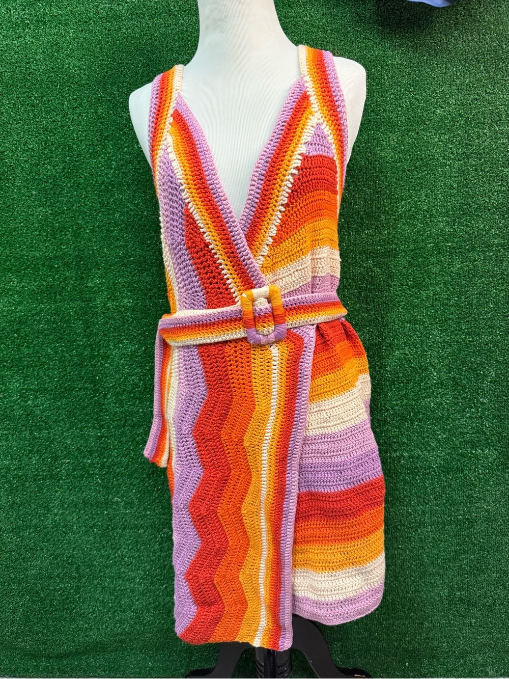 FARM Rio Handmade Crochet Wrap Mini Dress Multicolor Striped Tie Size M NWT